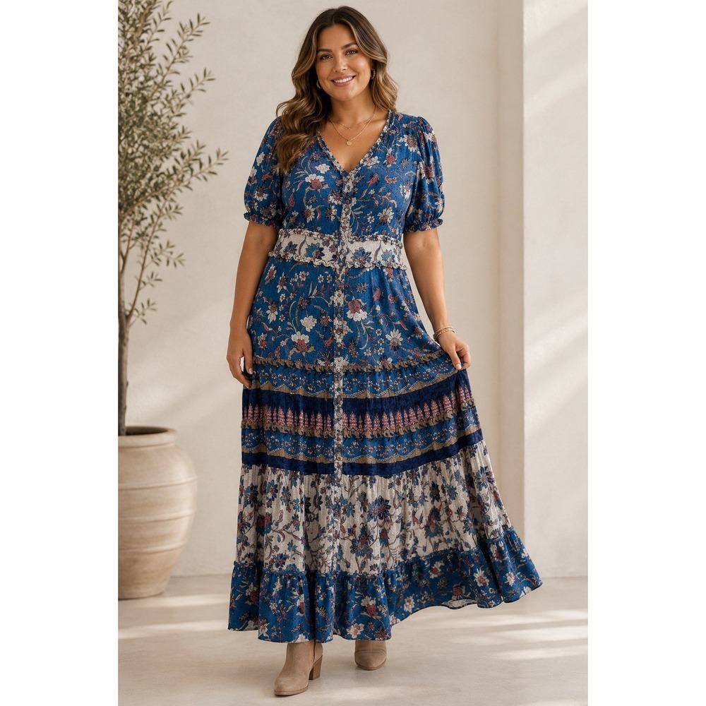 Nurture By Westbound Boho Maxi Dress Size Large Turquoise Teal Blue